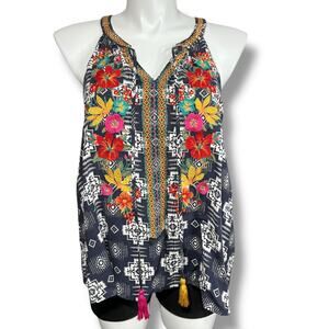 Savanna Jane Womens Tank Top Shirt Geo Print Embroidered Floral Print 1X